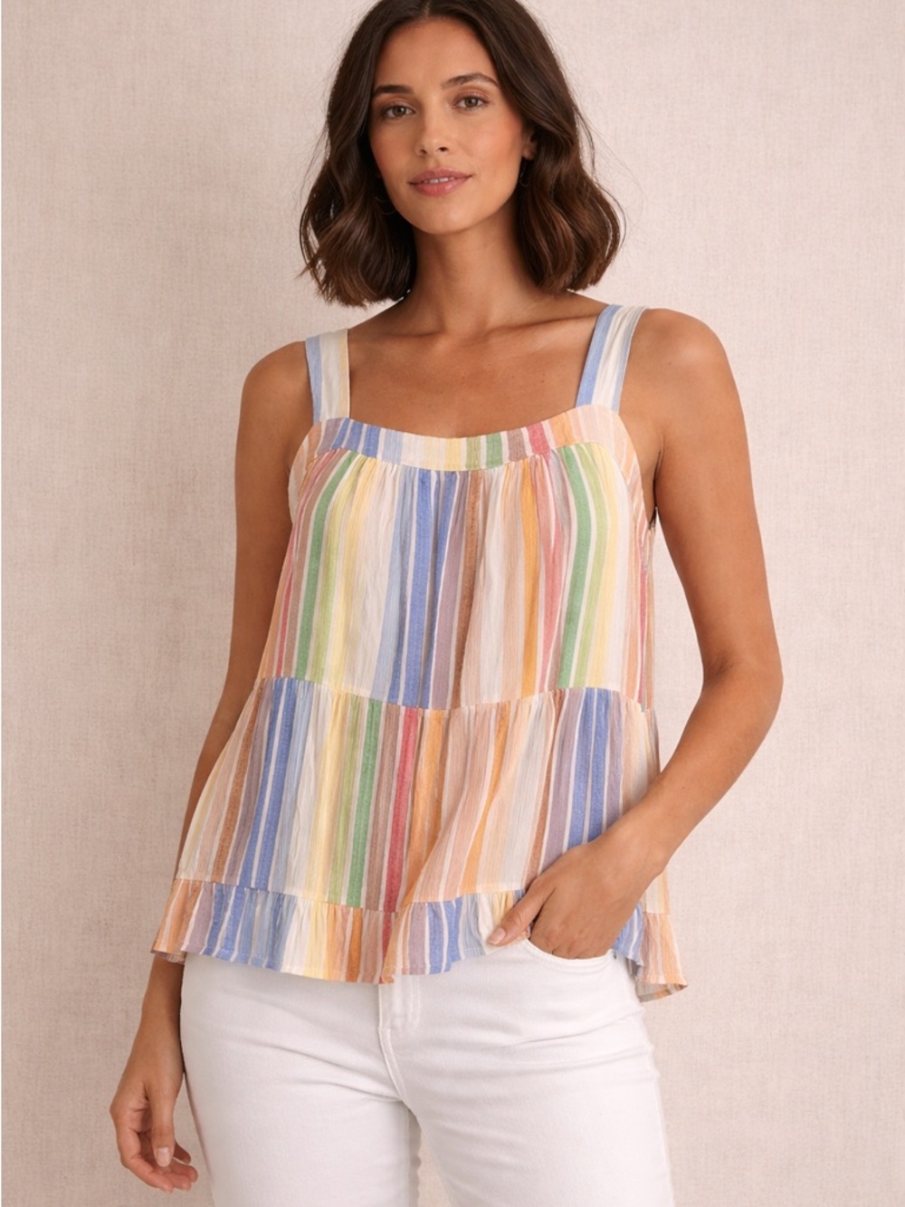 Rainbow Cotton Gauzy Tank Top Festival Boho Summer Tiered Ruffle Pockets Large